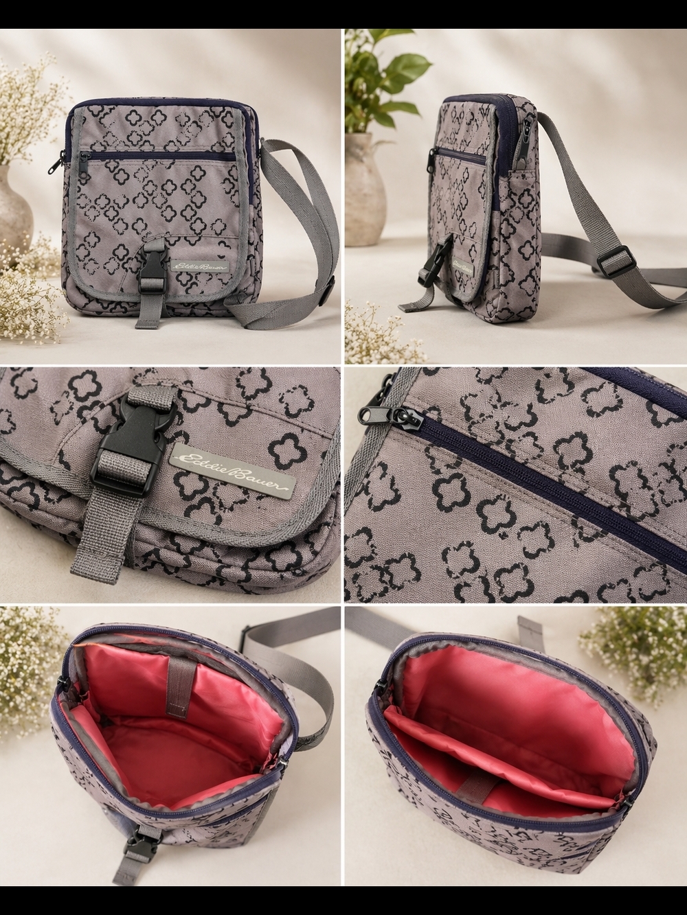 Eddie Bauer Gray Floral-Pattern Crossbody with Pink Lining
